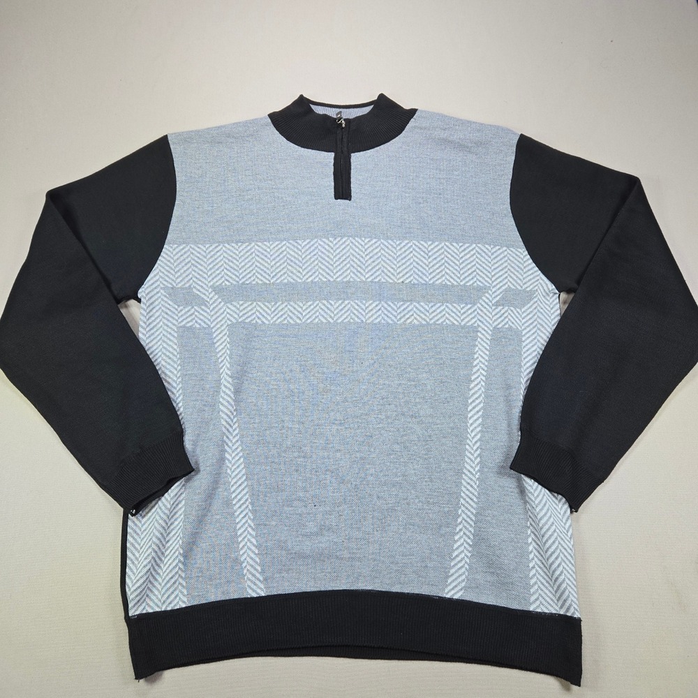 Jay Y. Ko Studio Sweater Quarter Zip Herringbone Geometric Gray Black Men XL NEW